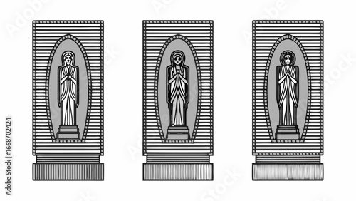Three stylized depictions of a statue of a person in a robe with hands clasped in prayer position |  editable eps vectors silhouette