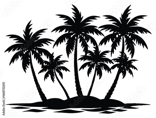 Silhouette of tall palm trees on tropical sandy beach with clear blue sky