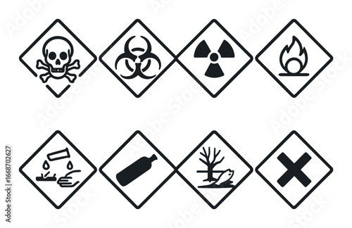Set of dark hazard symbols including toxic biohazard radioactive and flammable signs