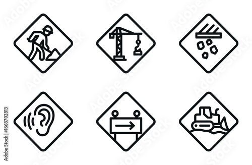 Construction and safety symbol set: workers, crane, barricade, bulldozer, hearing protection, brick