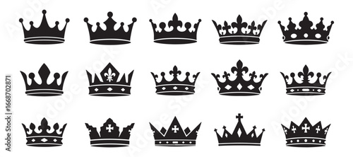 Icon Set Vector Royal Crown Collection with Decorative Elements in Black Silhouette Style