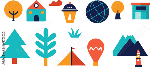 Vibrant Travel Icons Global Adventure, Nature Exploration, and Home Sweet Home