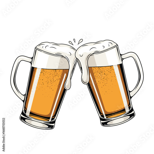 Illustration Art Vector Featuring Two Beer Mugs Clinking with Golden Liquid and Frothy Tops Perfect for Modern Celebration Graphic
