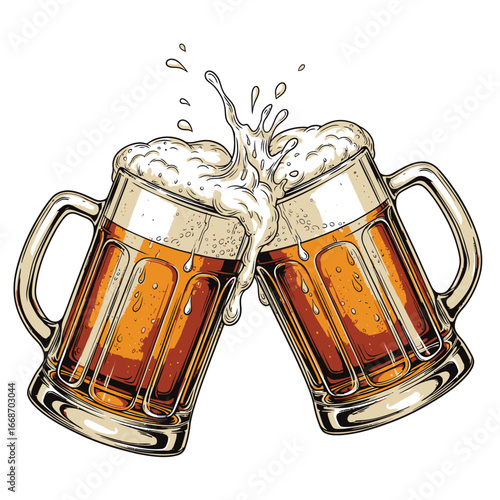 Illustration Vector of Two Beer Mugs Toasting with Beer Splash Detailed Style in Light Brown and White Colors for Celebration Events