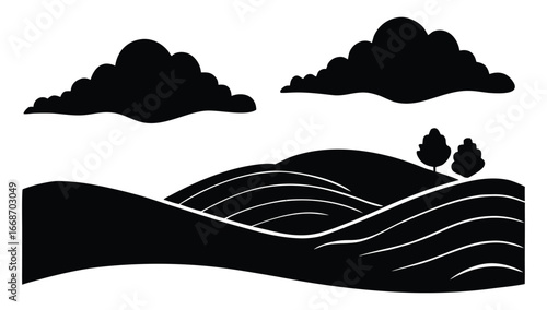 Rolling Hills Silhouette under Cloudy Sky Peaceful Countryside Landscape Artwork 