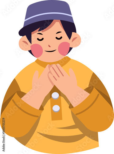 A young boy in traditional attire with a kufi cap, his hands clasped in prayer, conveying a sense of devotion and peace.