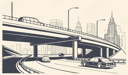 Roadway junction. Road interchange in morning sunlight, cityscape panorama. Traffic on highway overpass. Cars drive by bridge of driveway. City infrastructure, skyscrapers. Flat vector illustration