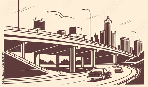 Roadway junction. Road interchange in morning sunlight, cityscape panorama. Traffic on highway overpass. Cars drive by bridge of driveway. City infrastructure, skyscrapers. Flat vector illustration