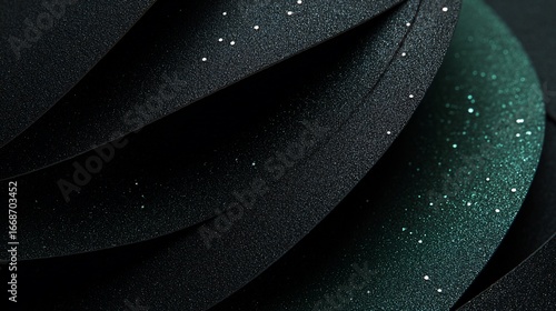 Curled dark paper edges, some with faint green shimmer, sparkle effect backdrop
