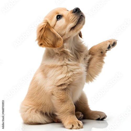 Adorable golden retriever puppy sitting and raising its paw isolated on white background