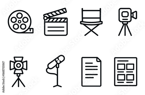 Movie production icons: film reel, clapperboard, director chair, camera, spotlight