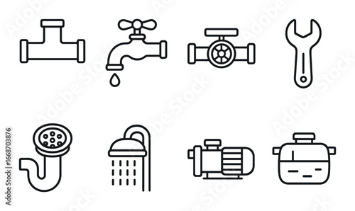 Monochrome plumbing icons: faucet, pipe, wrench, sink, shower, valve, pump, boiler