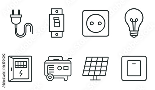 Electric and power utility icons: plug, switch, socket, bulb, panel, generator, solar, fuse