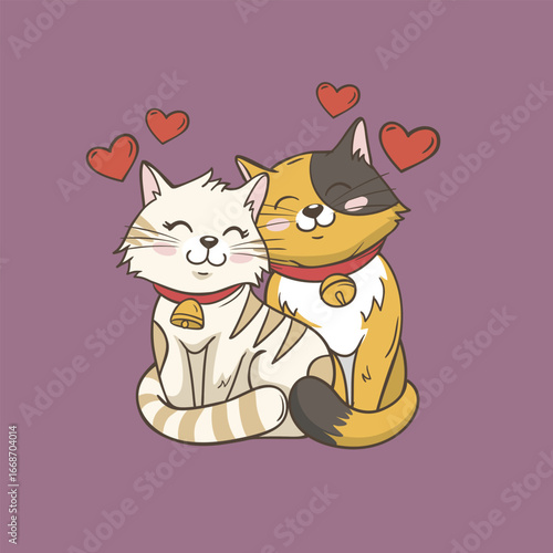 two cute adorable kitty cats mimi and neko in love snuggle in springtime, pet animal cartoon character vector drawing,