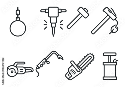Outline icons of heavy construction tools on dark background