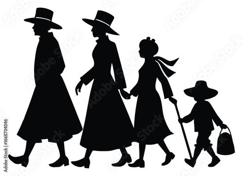 Amish Family Silhouette Walking Together with Traditional Clothing Style and Headwear