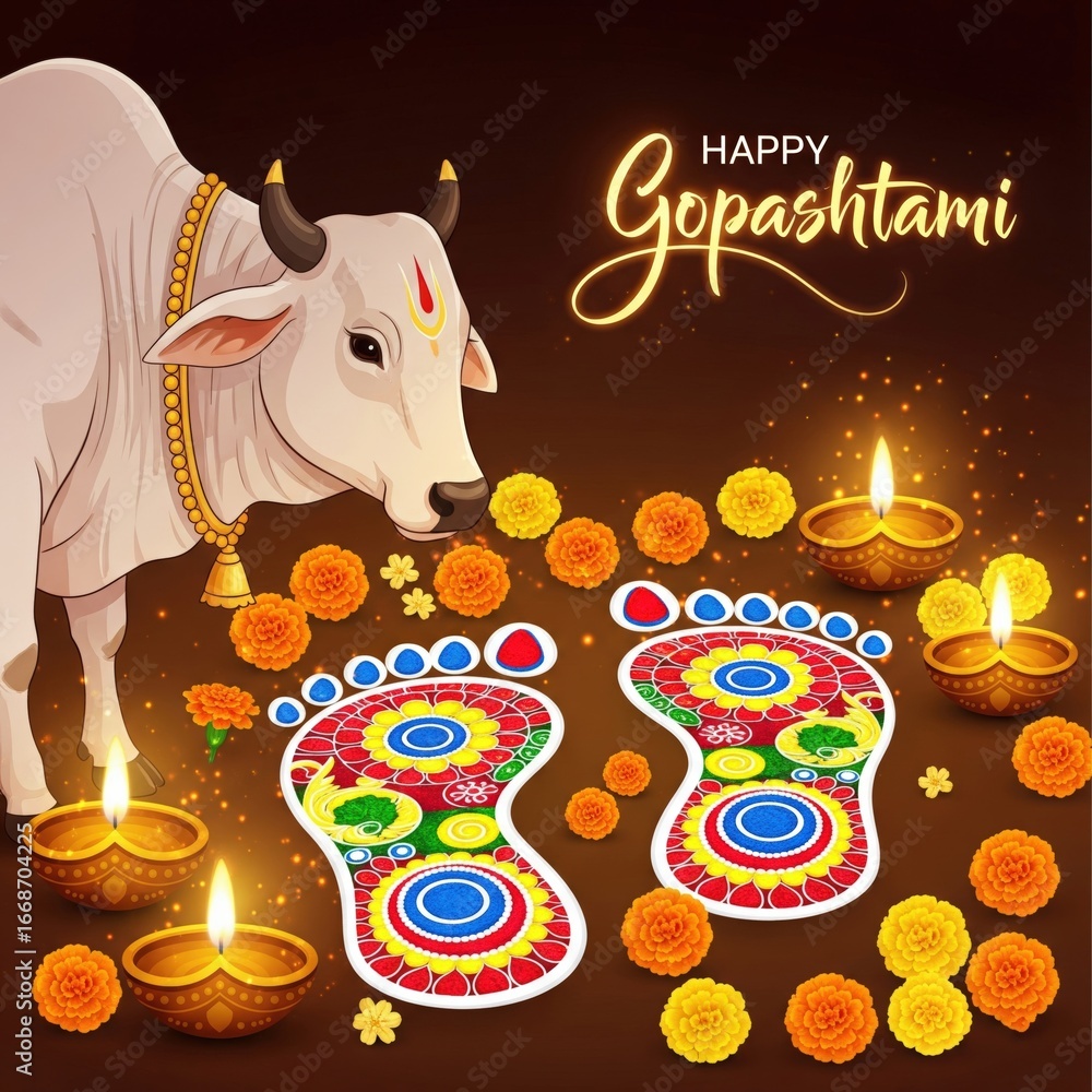 Naklejka premium Gopashtami festival with cow, diyas, flowers and footprints Hindu festival India
