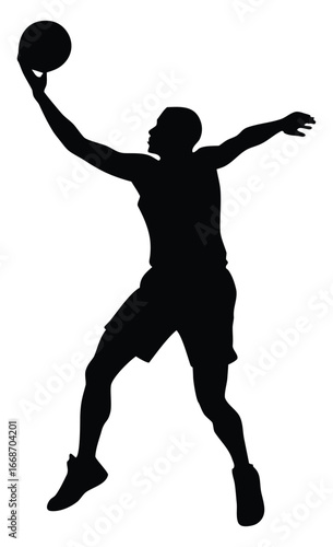 Basketball player silhouette performing jump shot for competitive sports action