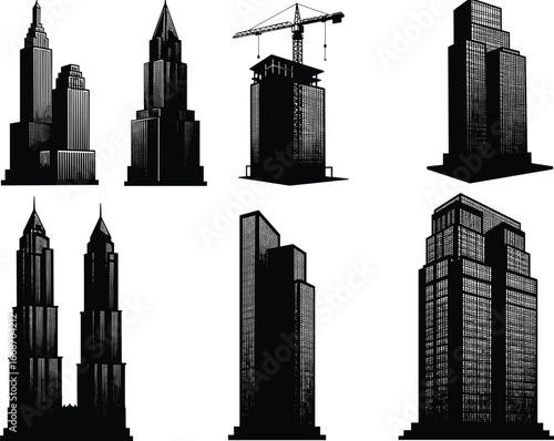 Skyscraper tower silhouettes, modern city skyline architecture, urban high rise buildings, black vector office towers, construction crane illustration, real estate property development graphic