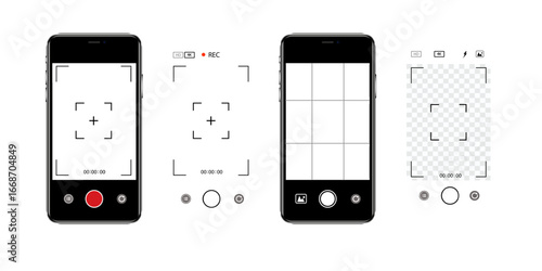 Viewfinder Camera interface in phone screen. Photo, video ui in cellphone. App for record from mobile cam. Grid, focus, button and rec. Smartphone mockup. Vector.