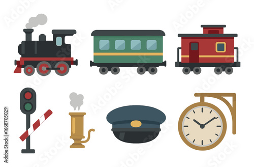 Vintage train elements with steam locomotive and railway accessories