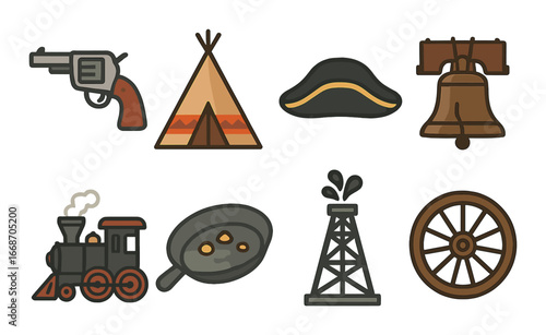 Icons of american history: wild west, liberty bell, steam engine, teepee, gold rush, oil derrick