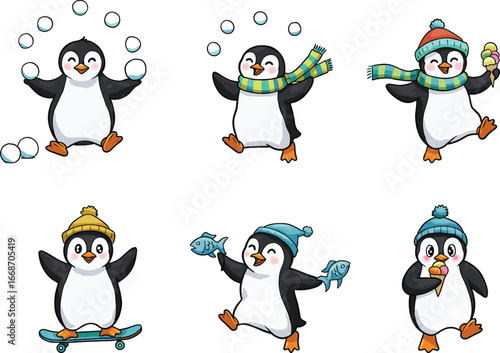 Cute cartoon penguins wearing winter clothes doing fun activities like juggling, skating, eating fish, and enjoying ice cream cones.