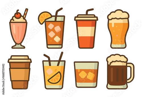 Assorted beverage icons: milkshake, iced tea, coffee, beer, and juice
