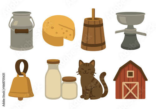 Rustic dairy farm icons featuring milk cans, cheese, butter churn, and barn