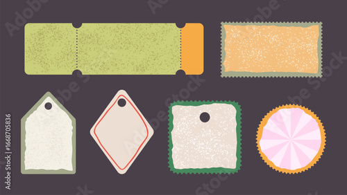 Vintage Label Sticker Tag Textured Badge Postage Packaging Vector Set Coupon Shop Sale Torn Blank Paper
