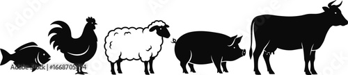 Silhouettes of farm animals including fish, rooster, sheep, pig, and cow in row, vector design for agriculture and education