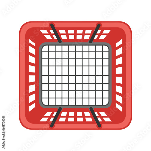 Red plastic shopping basket with black handles and a gray interior grid.