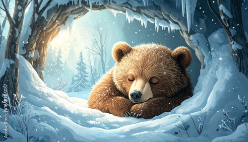 A sleepy brown bear resting in a snowy forest den.