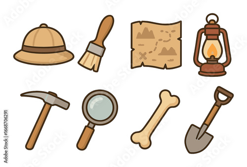 Exploration tools collection: map, lantern, compass, hat, shovel, bone, brush, magnifying glass