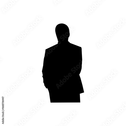 A simple, impactful silhouette of a person standing, arms crossed against a plain white background.