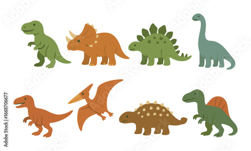 Colorful dinosaur illustrations featuring t-rex, triceratops, stegosaurus, brachiosaurus, velociraptor, pterodactyl, ankylosaurus, spinosaurus