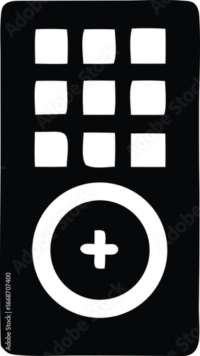 Simple black and white icon of a remote control with a grid of buttons and a circular plus button for easy user interface design and digital applications.