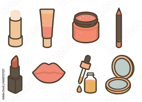 Stylized skincare and makeup products illustration with lip balm and lipstick
