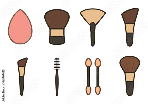 Assorted makeup tools on brown background: brushes, sponges, applicators