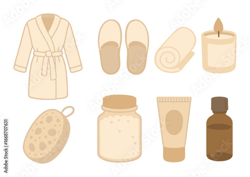 Relaxing spa essentials: robe, slippers, candle, bath products for a tranquil experience