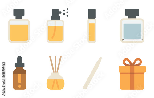 Collection of fragrance bottles and aromatic gift set with diffuser and spray