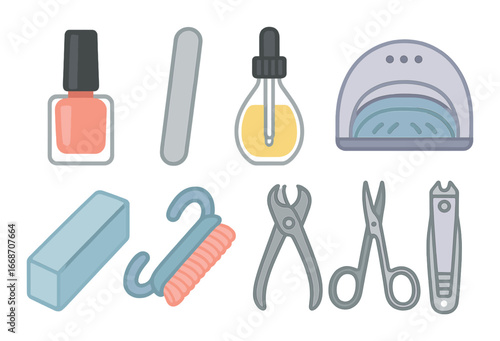 Nail care tools: polish, file, oil, dryer, buffer, brush, cuticle pusher, clippers, scissors