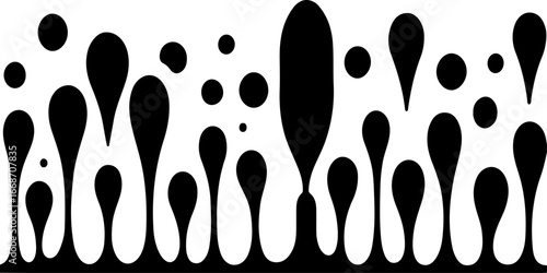 A vector illustration of black liquid dripping, forming various sizes of droplets against a white background. 