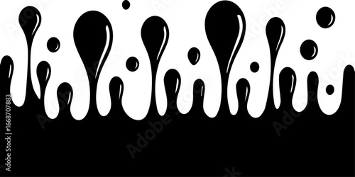 A vector illustration of black liquid dripping, forming various sizes of droplets against a white background. 