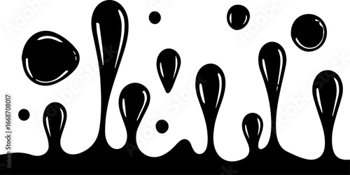 A vector illustration of black liquid dripping, forming various sizes of droplets against a white background. 