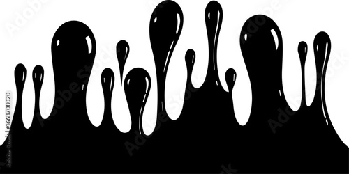 A vector illustration of black liquid dripping, forming various sizes of droplets against a white background. 