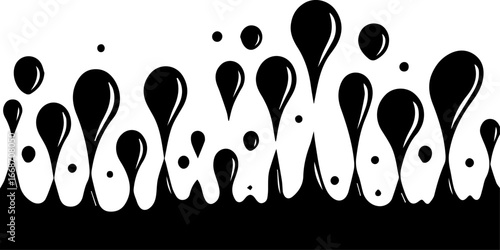 A vector illustration of black liquid dripping, forming various sizes of droplets against a white background. 