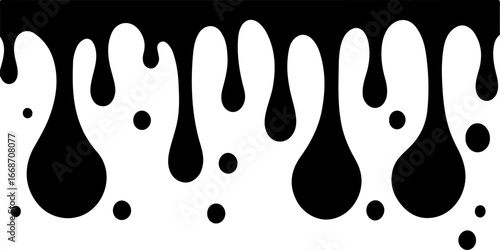 A vector illustration of black liquid dripping, forming various sizes of droplets against a white background. 