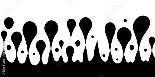 A vector illustration of black liquid dripping, forming various sizes of droplets against a white background. 