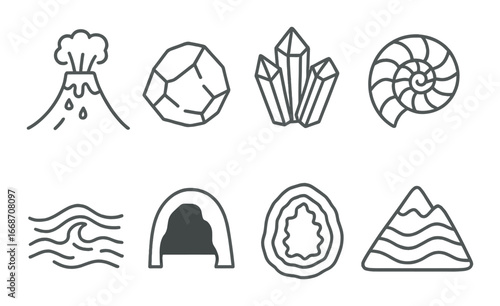 Volcano, crystal, ammonite and geological icons collection on dark background